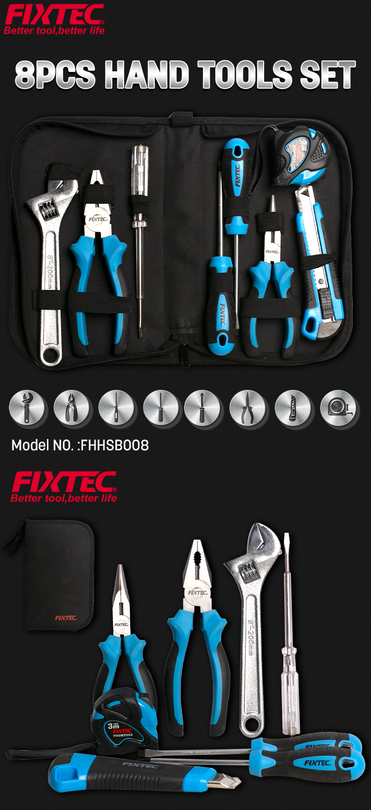 Ensemble d'outils &agrave; main 8 pi&egrave;ces 