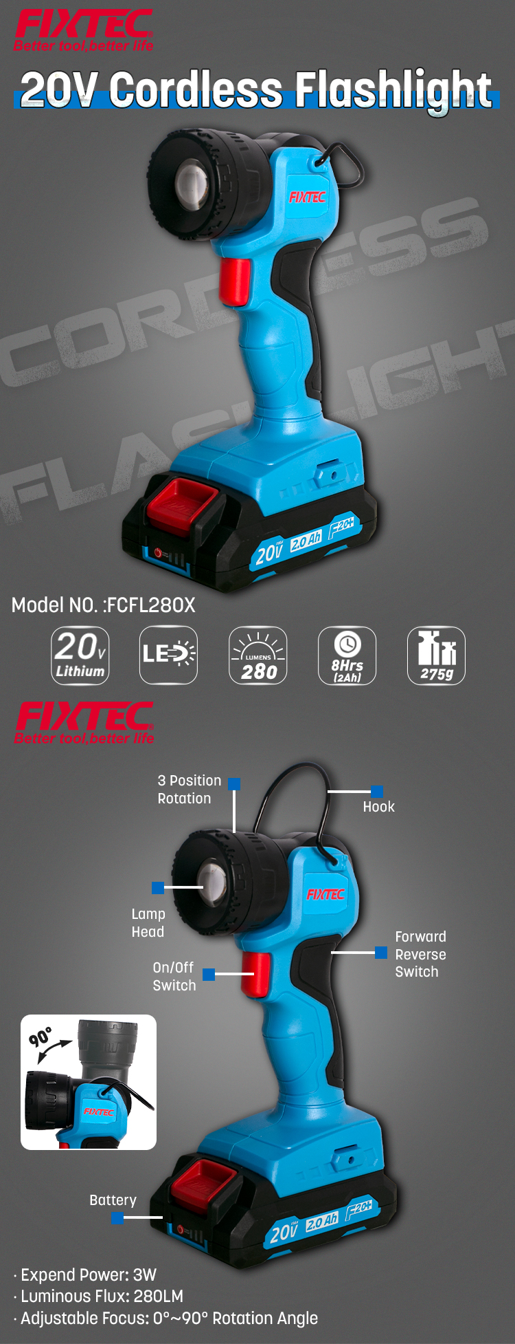 Lampe de poche sans fil 20 V