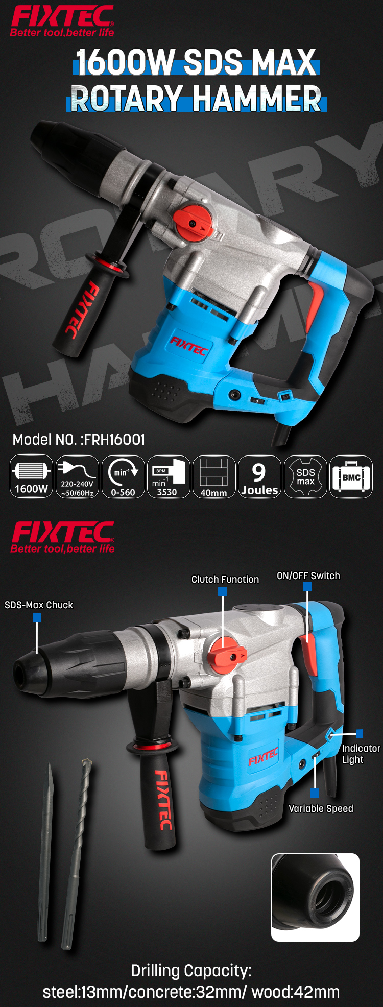 Marteau rotatif 1600W 40mm